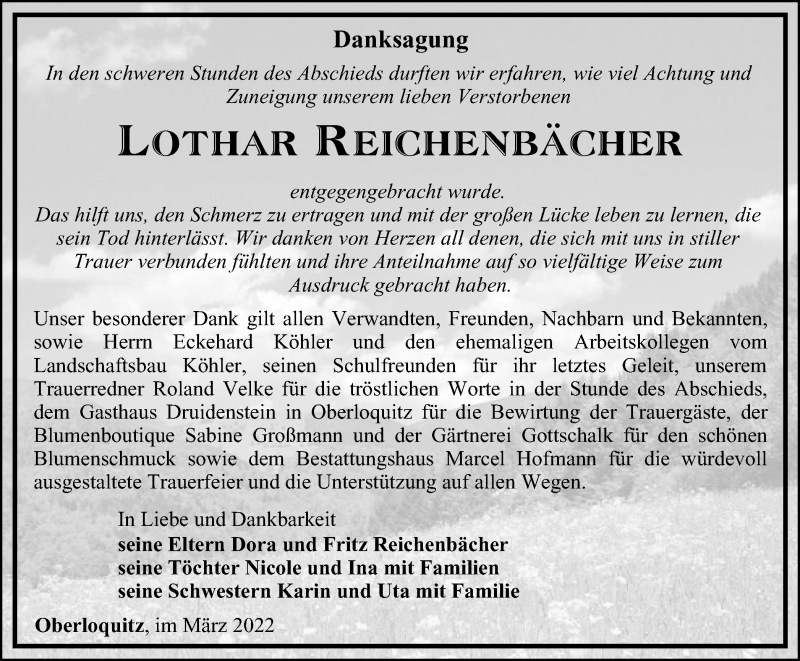  Traueranzeige für Lothar Reichenbächer vom 12.03.2022 aus Ostthüringer Zeitung