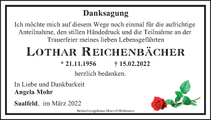  Traueranzeige für Lothar Reichenbächer vom 26.03.2022 aus Ostthüringer Zeitung