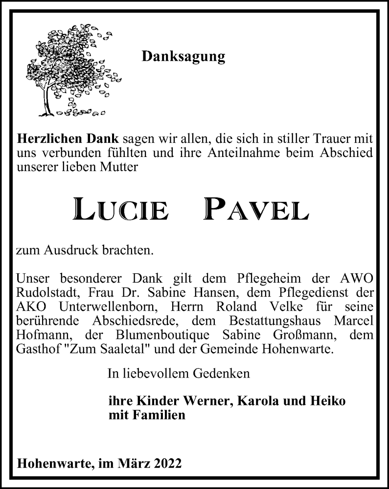  Traueranzeige für Lucie Pavel vom 05.03.2022 aus Ostthüringer Zeitung
