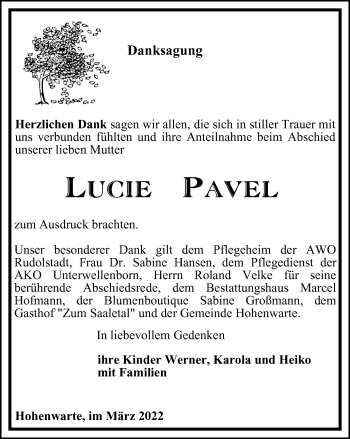 Traueranzeige von Lucie Pavel von Ostthüringer Zeitung