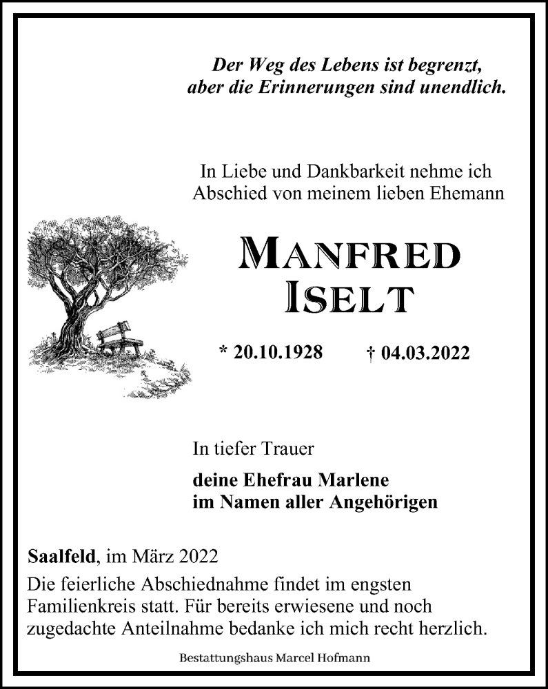  Traueranzeige für Manfred Iselt vom 12.03.2022 aus Ostthüringer Zeitung