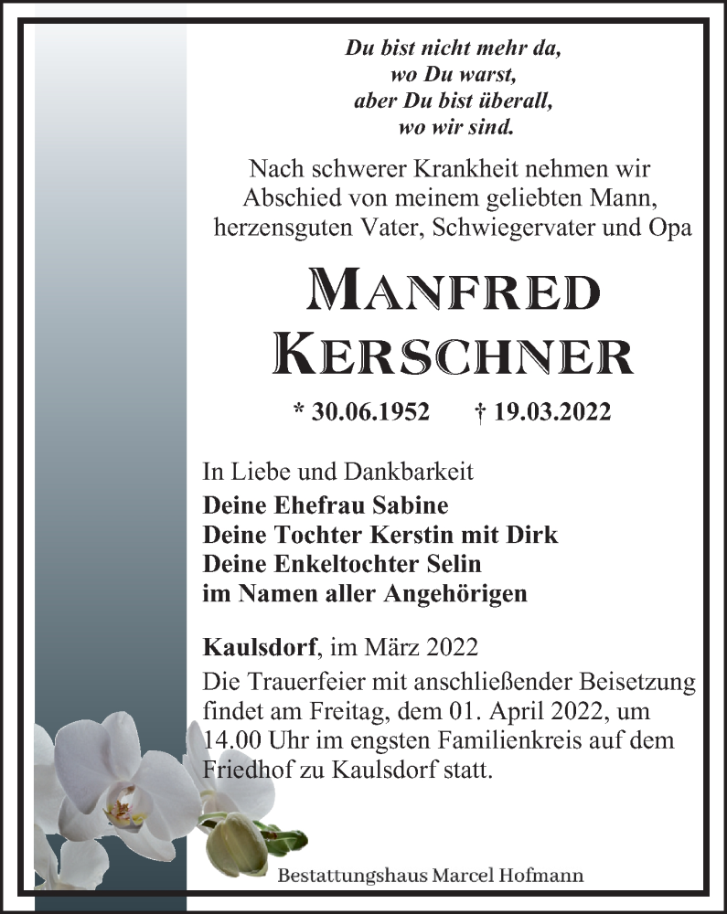  Traueranzeige für Manfred Kerschner vom 26.03.2022 aus Ostthüringer Zeitung