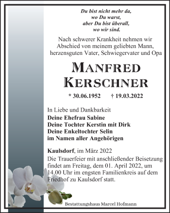 Traueranzeige von Manfred Kerschner von Ostthüringer Zeitung