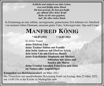 Traueranzeige von Manfred König von Ostthüringer Zeitung