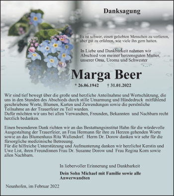 Traueranzeige von Marga Beer