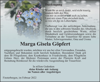 Traueranzeige von Marga Gisela Göpfert von Thüringer Allgemeine, Thüringische Landeszeitung