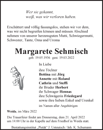 Traueranzeige von Margarete Sehmisch von Ostthüringer Zeitung