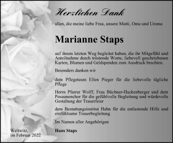 Traueranzeige von Marianne Staps