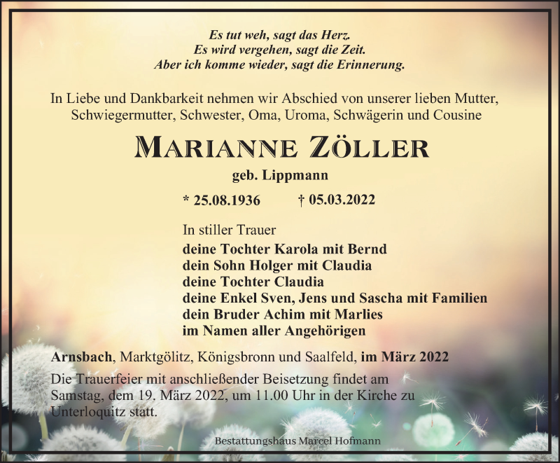  Traueranzeige für Marianne Zöller vom 12.03.2022 aus Ostthüringer Zeitung