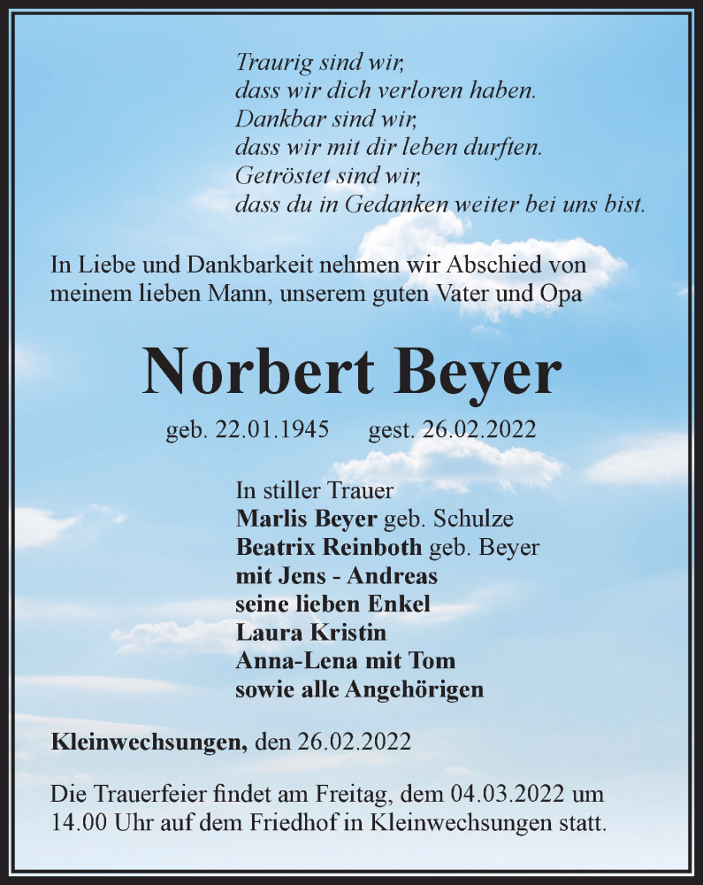 Traueranzeige für Norbert Beyer vom 01.03.2022 aus Thüringer Allgemeine