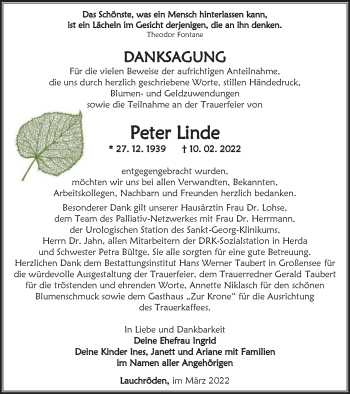 Traueranzeige von Peter Linde von Thüringer Allgemeine, Thüringische Landeszeitung