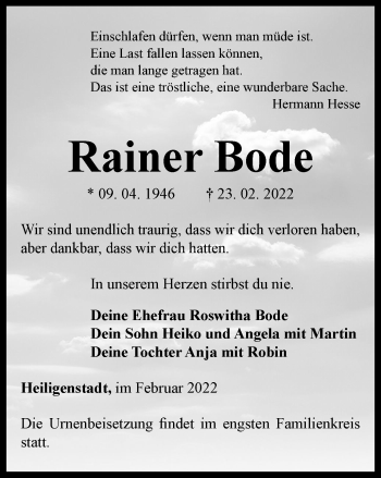 Traueranzeige von Rainer Bode von Thüringer Allgemeine