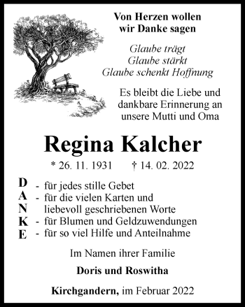 Traueranzeige von Regina Kalcher von Thüringer Allgemeine