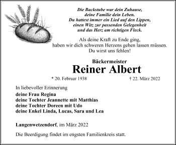 Traueranzeige von Reiner Albert von Ostthüringer Zeitung
