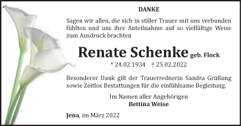 Traueranzeige von Renate Schenke von Ostthüringer Zeitung, Thüringische Landeszeitung