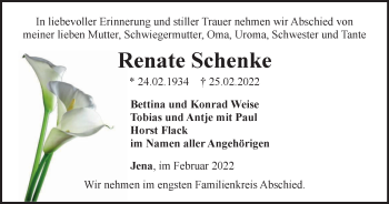Traueranzeige von Renate Schenke von Ostthüringer Zeitung, Thüringische Landeszeitung