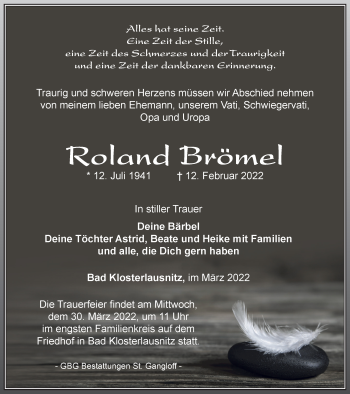 Traueranzeige von Roland Brömel von Ostthüringer Zeitung