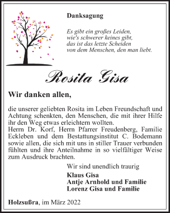 Traueranzeige von Rosita Gisa