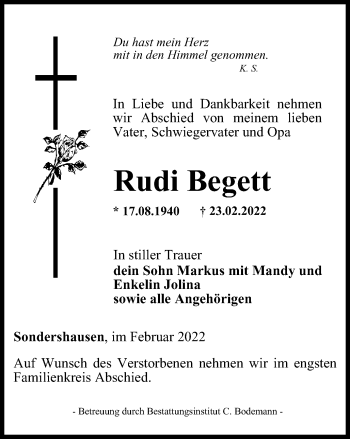 Traueranzeige von Rudi Begett