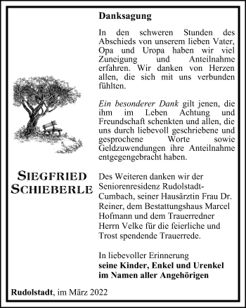 Traueranzeige von Siegfried Schieberle von Ostthüringer Zeitung