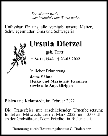 Traueranzeige von Ursula Dietzel