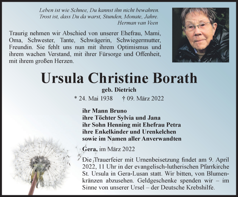  Traueranzeige für Ursula Christine Borath vom 18.03.2022 aus Ostthüringer Zeitung