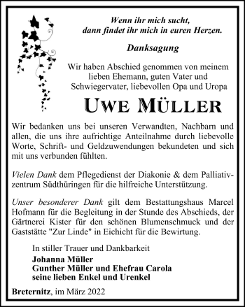 Traueranzeige von Uwe Müller von Ostthüringer Zeitung