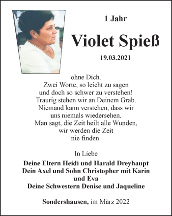 Traueranzeige von Violet Spieß