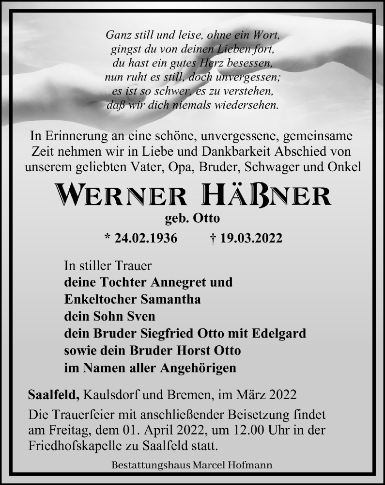  Traueranzeige für Werner Häßner vom 26.03.2022 aus Ostthüringer Zeitung