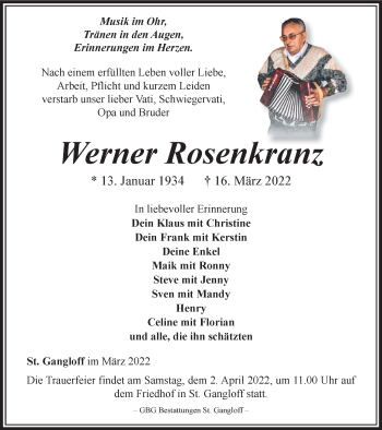 Traueranzeige von Werner Rosenkranz von Ostthüringer Zeitung
