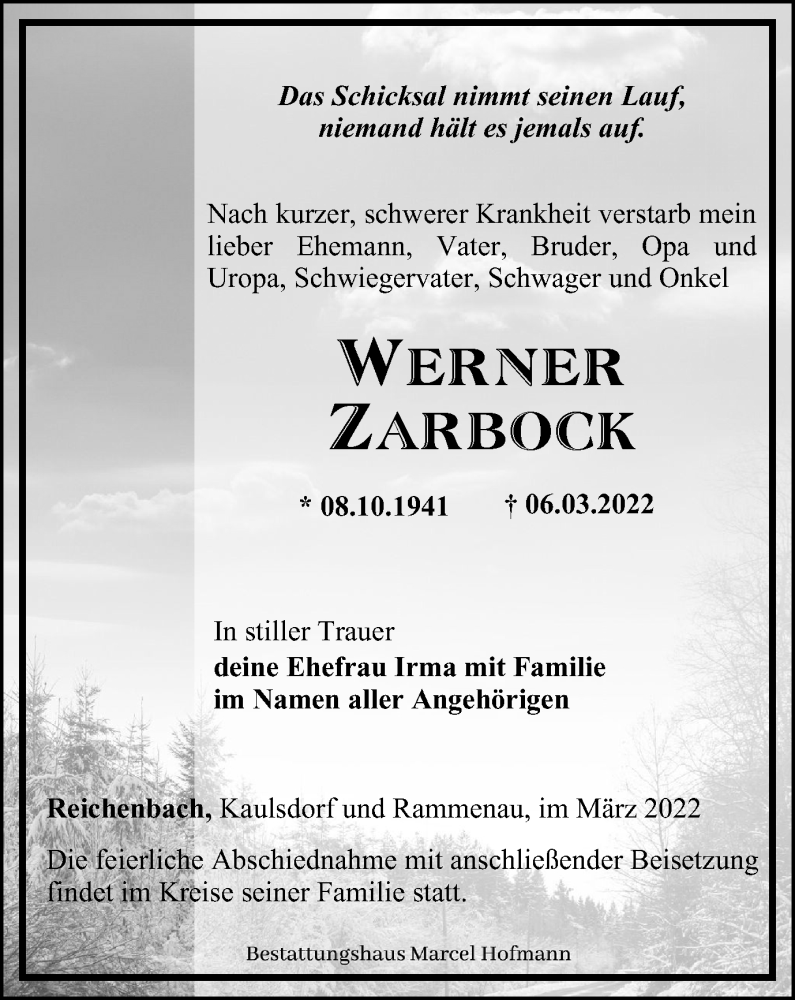  Traueranzeige für Werner Zarbock vom 12.03.2022 aus Ostthüringer Zeitung