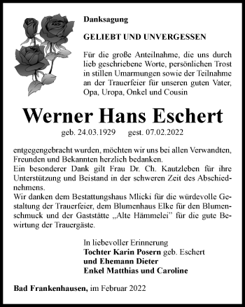 Traueranzeige von Werner Hans Eschert von Thüringer Allgemeine