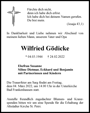 Traueranzeige von Wilfried Gödicke von Thüringer Allgemeine