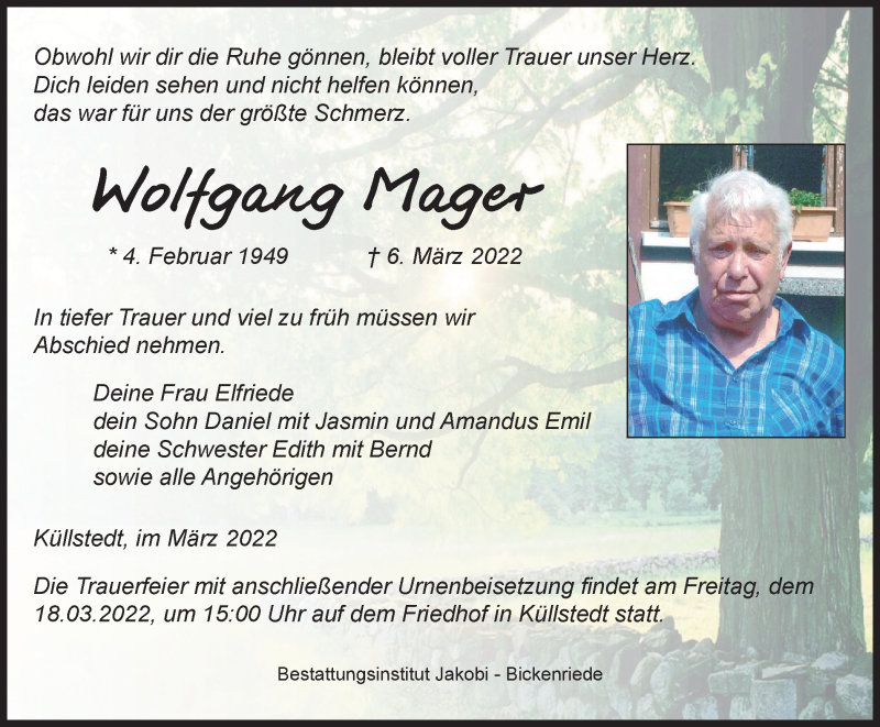  Traueranzeige für Wolfgang Mager vom 12.03.2022 aus Thüringer Allgemeine