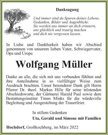 Traueranzeige von Wolfgang Müller von Thüringer Allgemeine, Thüringische Landeszeitung