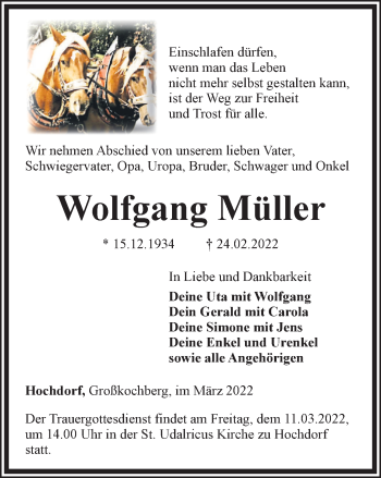 Traueranzeige von Wolfgang Müller von Thüringer Allgemeine, Thüringische Landeszeitung