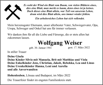 Traueranzeige von Wolfgang Weiser von Ostthüringer Zeitung