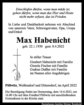 Traueranzeige von Max Habenicht von Ostthüringer Zeitung