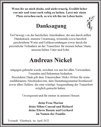 Traueranzeige von Andreas Nickel von Thüringer Allgemeine, Thüringische Landeszeitung