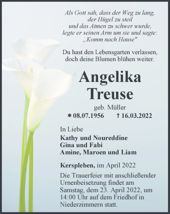 Traueranzeige von Angelika Treuse von Thüringer Allgemeine, Thüringische Landeszeitung