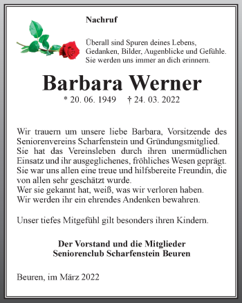 Traueranzeige von Barbara Werner von Thüringer Allgemeine