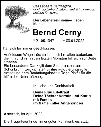 Traueranzeige von Bernd Cerny von Thüringer Allgemeine