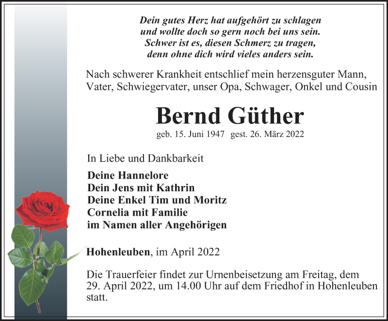  Traueranzeige für Bernd Güther vom 02.04.2022 aus Ostthüringer Zeitung