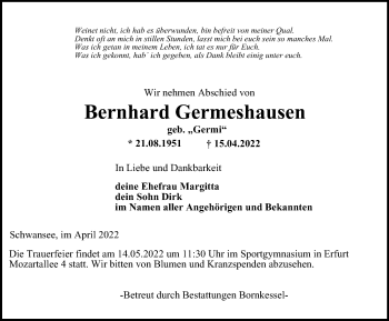 Traueranzeige von Bernhard Germeshausen von Thüringer Allgemeine, Thüringische Landeszeitung