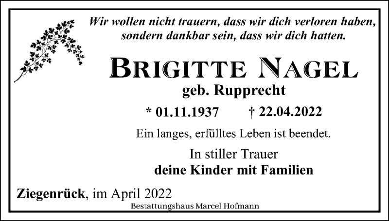  Traueranzeige für Brigitte Nagel vom 30.04.2022 aus Ostthüringer Zeitung