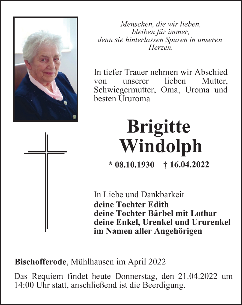  Traueranzeige für Brigitte Windolph vom 21.04.2022 aus Thüringer Allgemeine