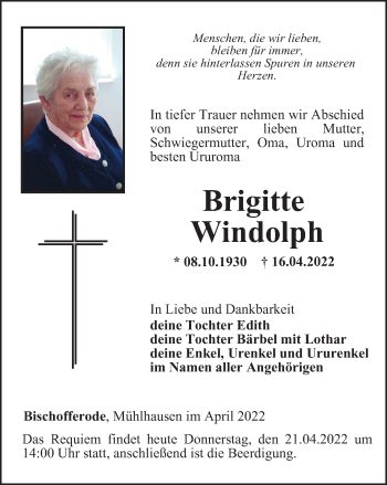 Traueranzeige von Brigitte Windolph von Thüringer Allgemeine
