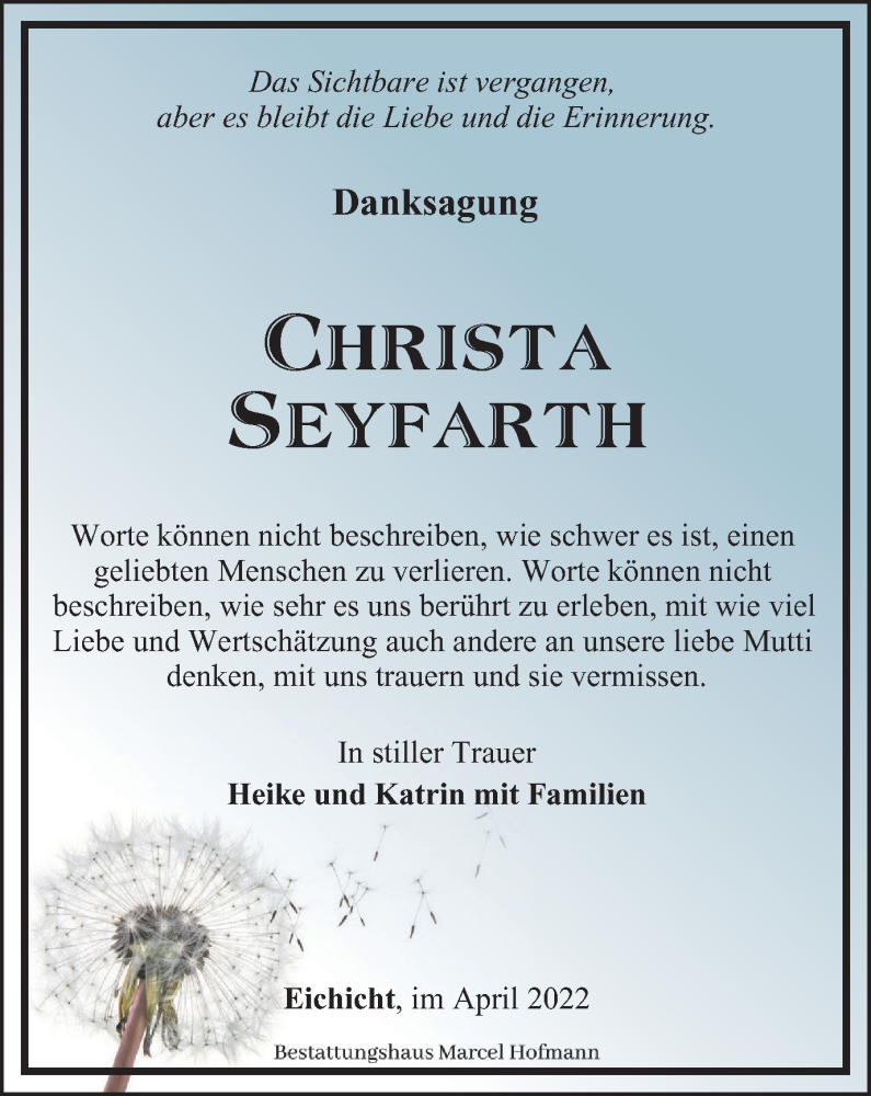  Traueranzeige für Christa Seyfarth vom 23.04.2022 aus Ostthüringer Zeitung