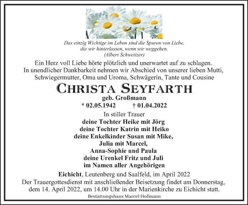  Traueranzeige für Christa Seyfarth vom 09.04.2022 aus Ostthüringer Zeitung