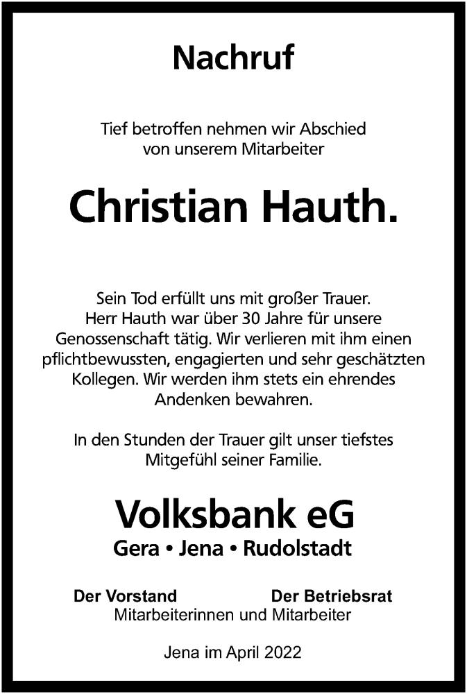  Traueranzeige für Christian Hauth vom 30.04.2022 aus Ostthüringer Zeitung